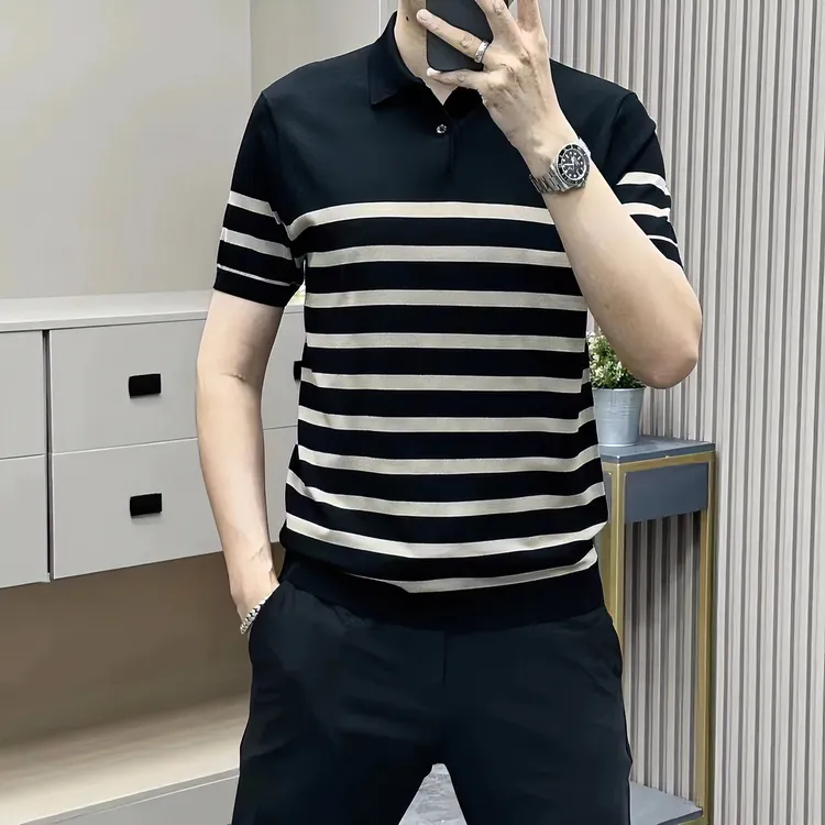 2025早春新款男士轻奢短袖针织衫时尚商务休闲百搭修身翻领POLO衫
