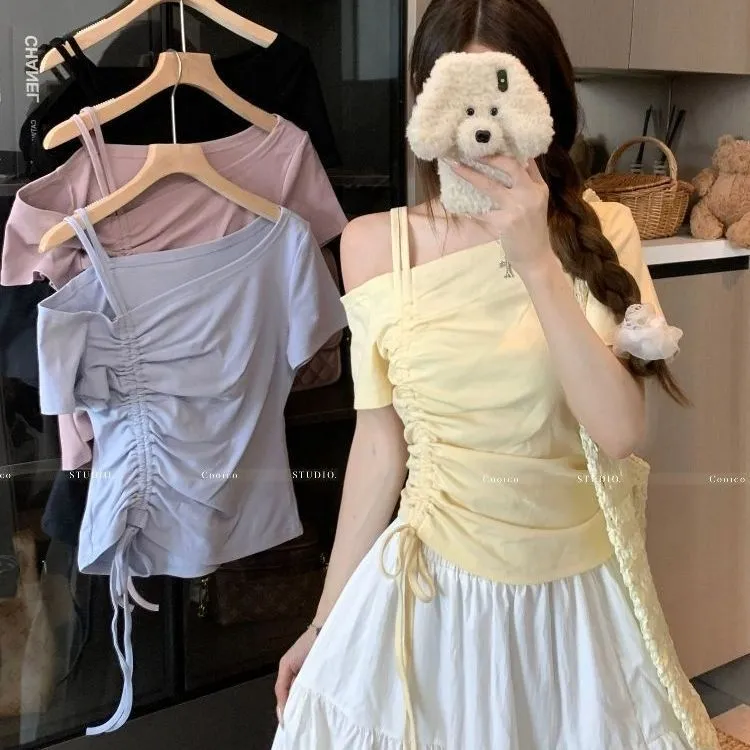 大码斜领露肩抽绳短袖t恤女夏季新款胖mm收腰显瘦遮肉一字肩上衣
