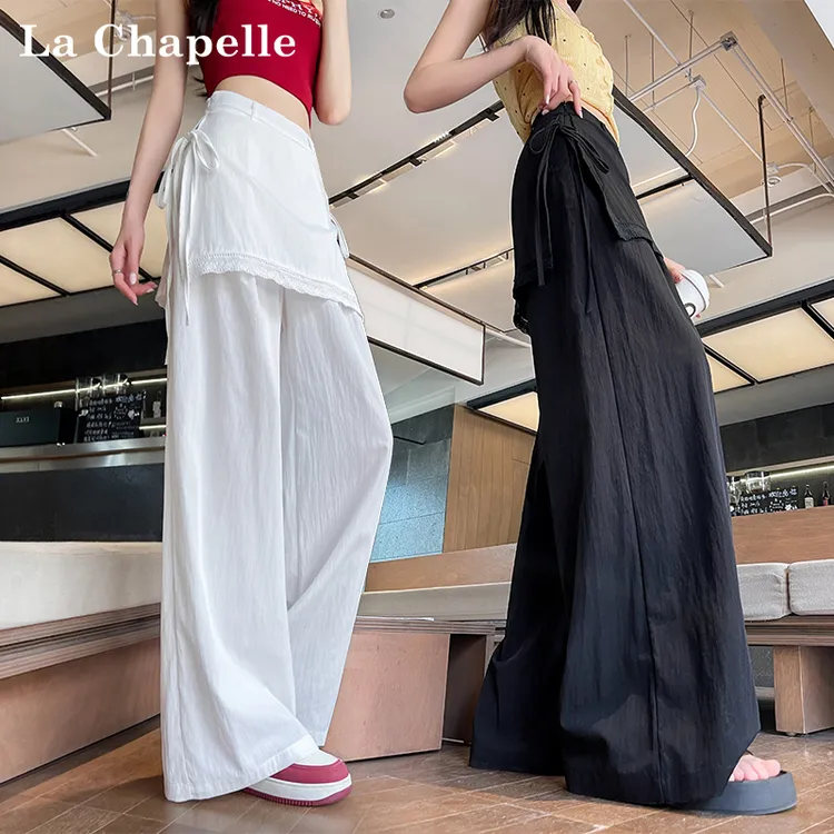 拉夏贝尔新款夏季白色绑带假两件阔腿裤蕾丝拼接休闲裤女高腰长裤