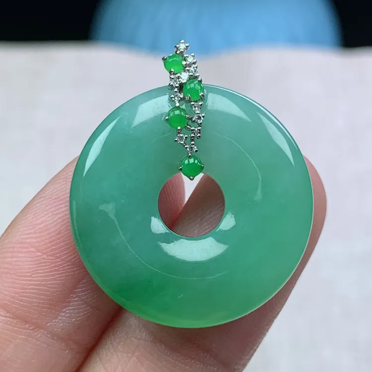 x缅甸天然翡翠A货25.7-5.1玉石冰润满绿甜甜圈吊坠礼物时尚镶嵌