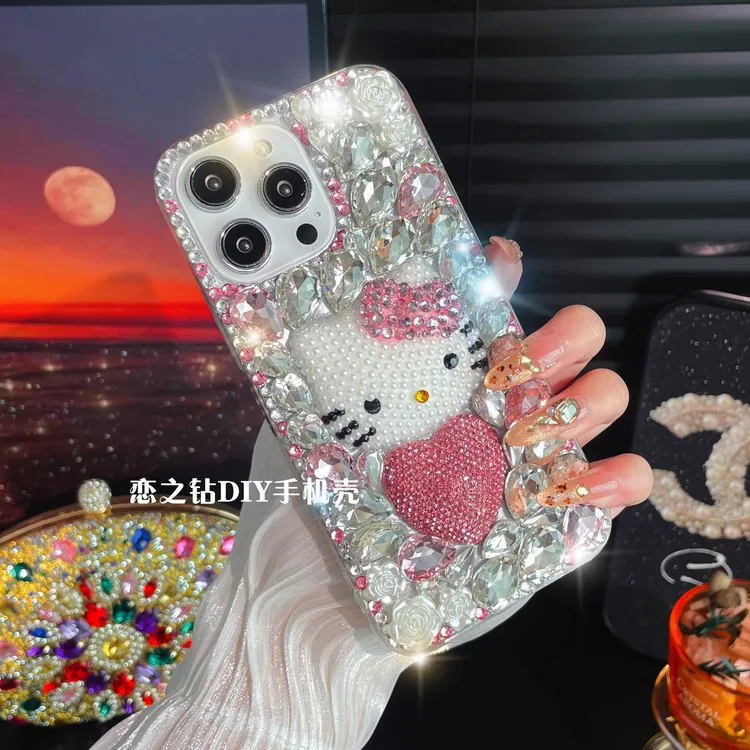 适用苹果16/华为/oppo/vivo爱心Kitty猫手机壳满钻高级感防摔时尚