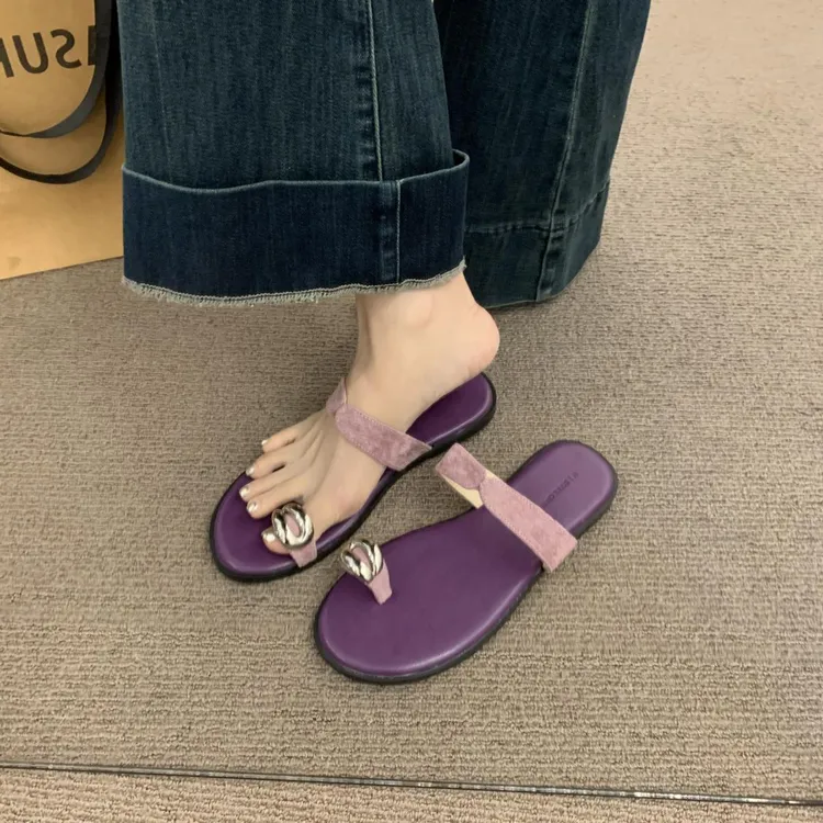 晚晚风紫色夹脚平底拖鞋女夏季外穿新款度假沙滩软底露趾凉鞋