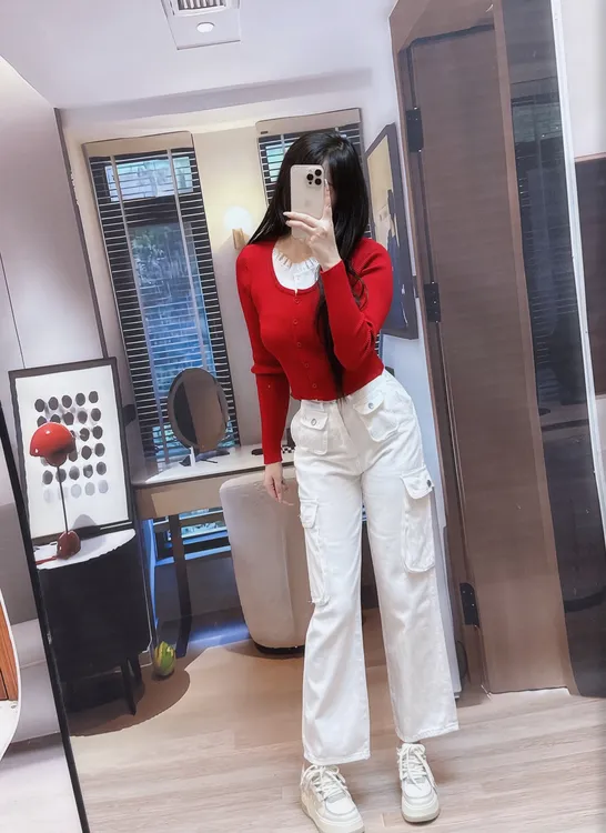 白色美式牛仔裤多口袋工装裤女春季休闲百搭高腰宽松直筒阔腿长裤