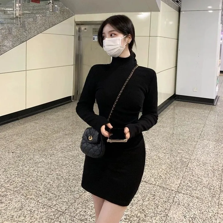 推荐包臀打底秋冬连衣裙女装保暖内搭新款短裙半高领街拍