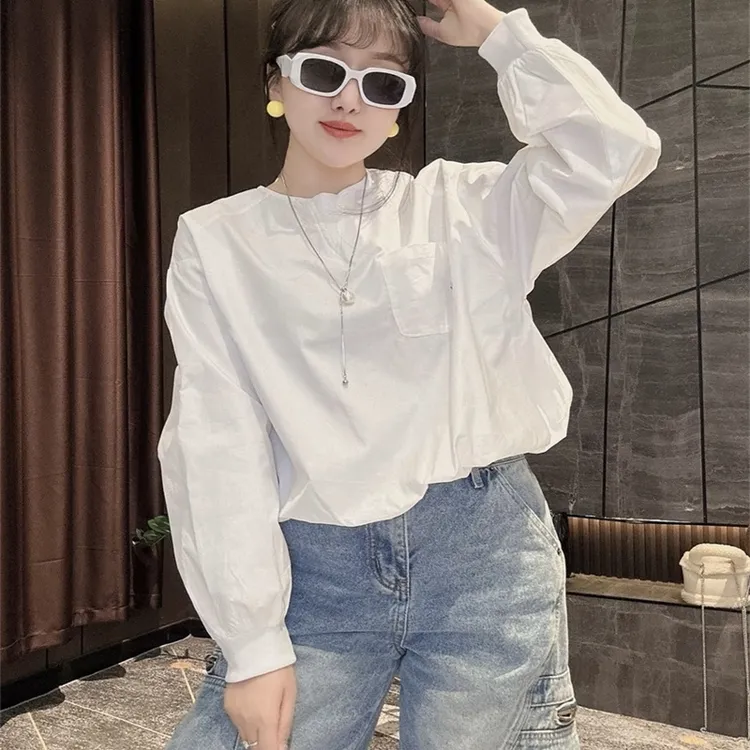 欧货设计感后背拉链圆领长袖衬衫女2025春季新款时尚宽松短款上衣