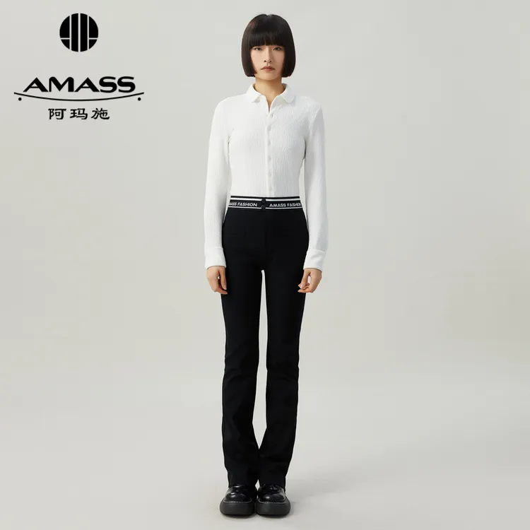 AMASS/阿玛施新款字母微喇裤女超模裤子春秋黑色通勤修身5100460