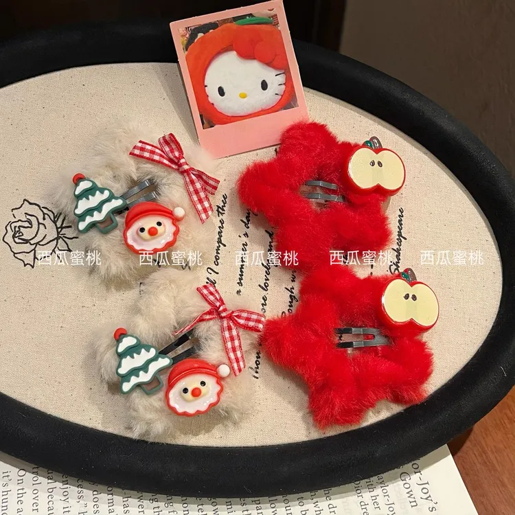 可爱红色苹果毛绒星星发夹蝴蝶结刘海BB夹侧边夹发卡圣诞节发饰