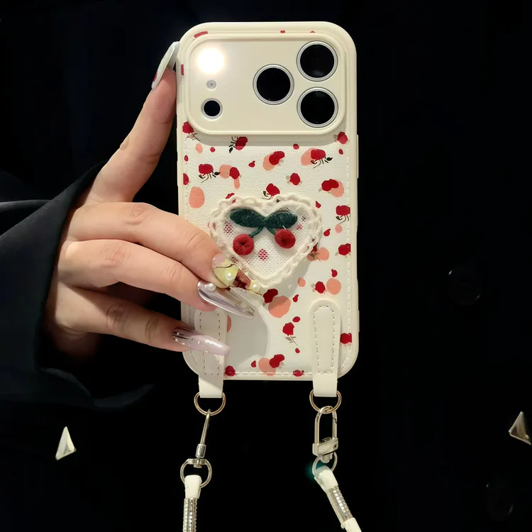 樱桃爱心挂绳适用苹果16/17手机壳iPhone15小米14vivooppo华为p70