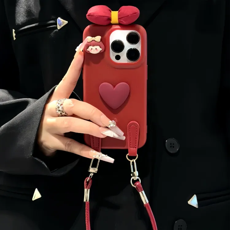爱心女孩蝴蝶结挂绳适用苹果17/16promax手机壳华为P70vivo小米15
