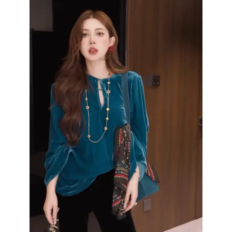 G. yatong/郭彦定制早秋款丝绒长袖上衣新中式轻奢DD1207