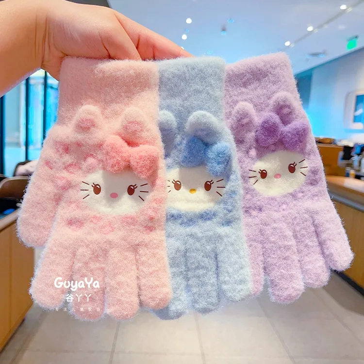 儿童可爱凯蒂猫毛绒手套女童秋冬季保暖防寒防冻学生骑行五指手套