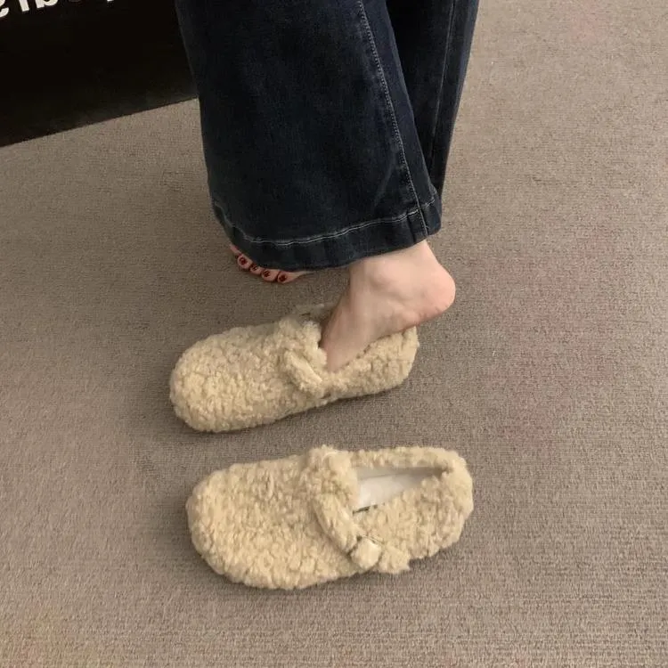 平底复古羊羔毛毛鞋棉鞋女鞋子外穿2024秋冬季新款加绒保暖豆豆鞋