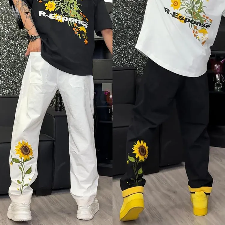 VALVOELITE裤子男夏季新款休闲裤潮流刺绣直筒裤垂感宽松弯刀裤男