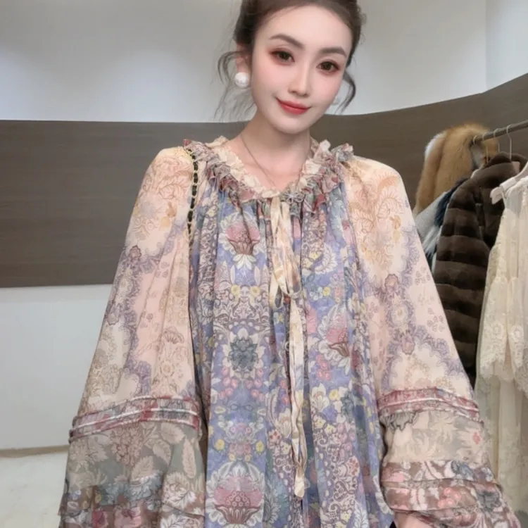 【老板娘衣橱】2026早春新款复古真丝花卉灯笼袖两件套上衣