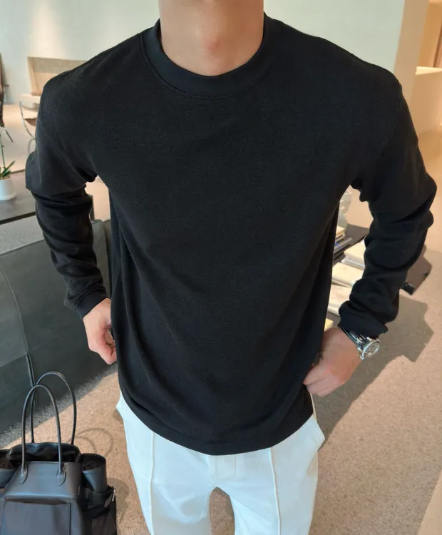 Richcore软糯亲肤百搭松弛圆领纯色内搭长袖收口男士打底针织T恤