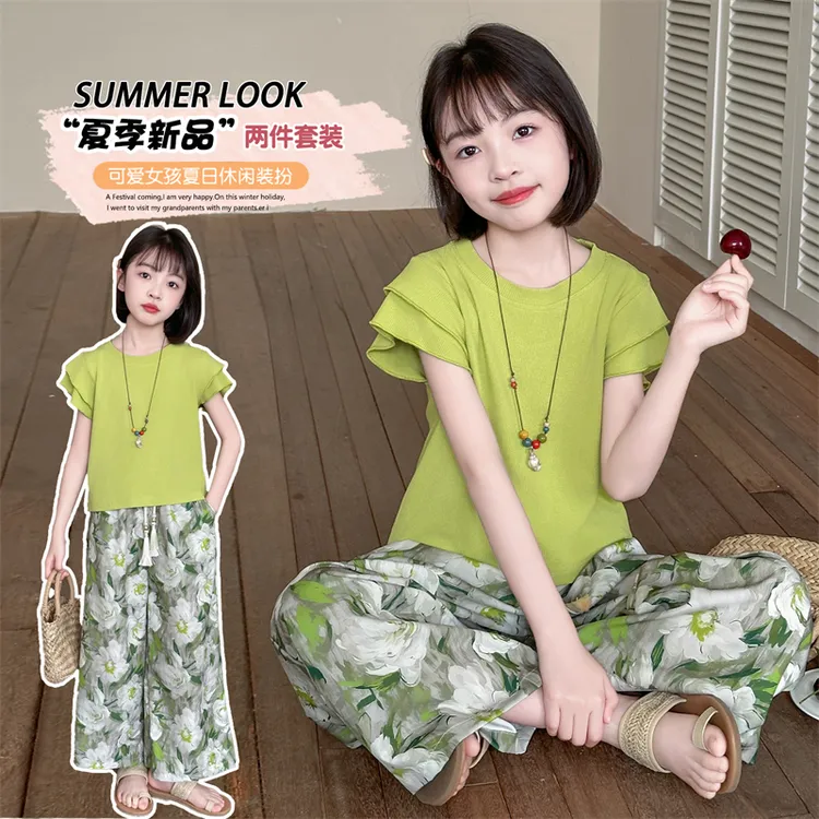 女童套装夏季薄2025新款大儿童洋气短袖t恤印花阔腿防蚊裤两件套