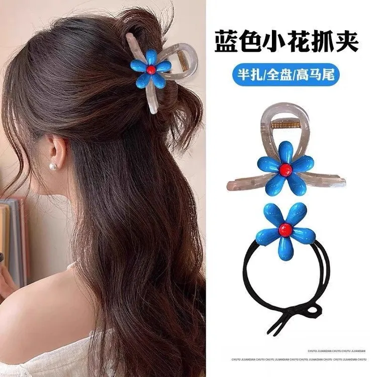 2025韩式蓝色花朵抓夹女新款慵懒风百搭后脑勺盘发鲨鱼夹头饰发饰