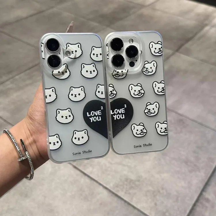 爱心猫猫狗狗适用苹果16手机壳iPhone13华为荣耀vivo透明oppo小米