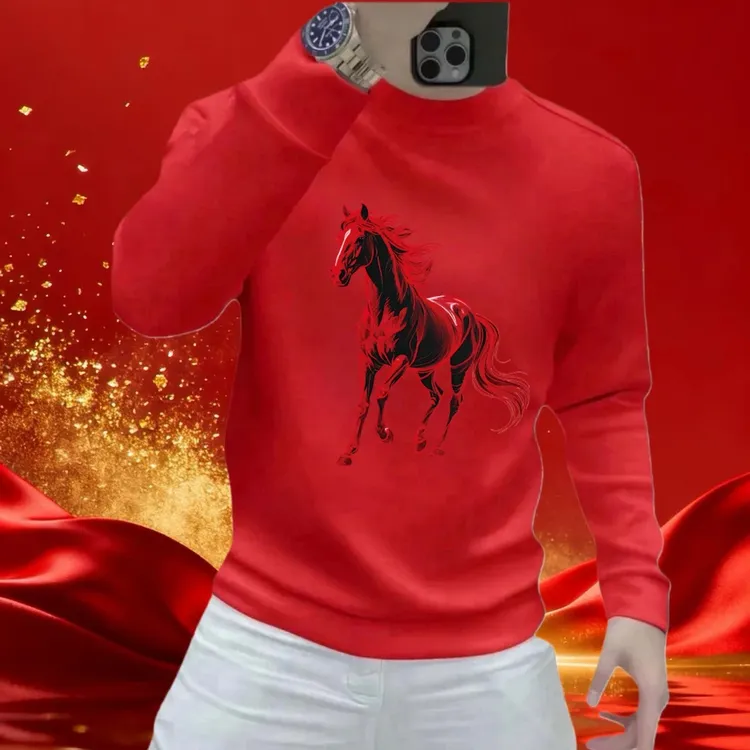 2026马年爆款骏马印花卫衣男士本命年红色高级感休闲装长䄂上衣