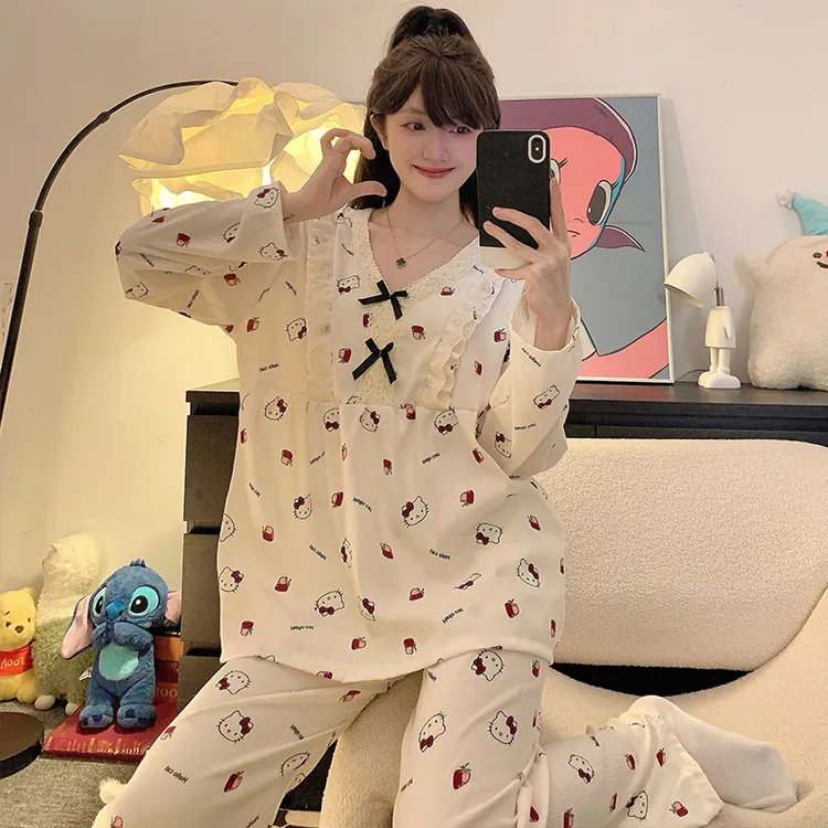 睡衣女士V领春秋季云朵棉长袖公主风可爱卡通甜美宽松家居服套装