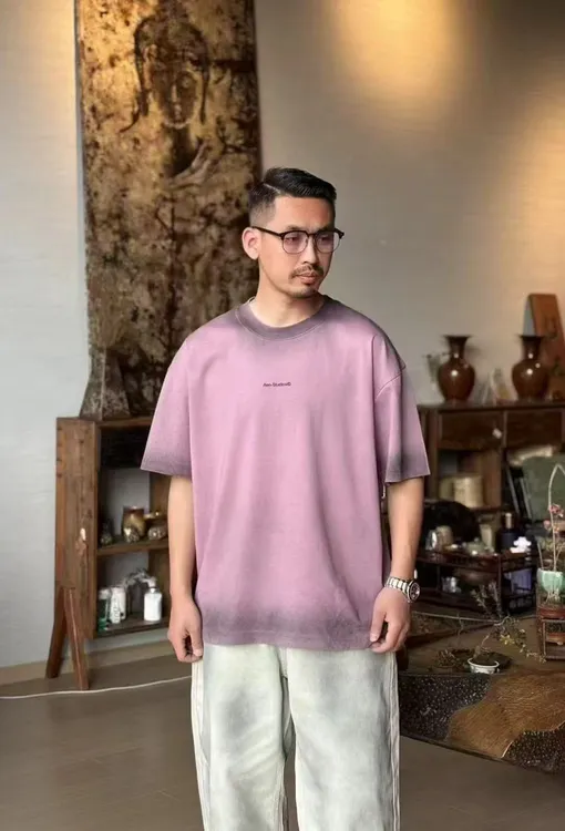 夏季灰色T恤短袖常规做旧水洗宽松印花极简风落肩袖