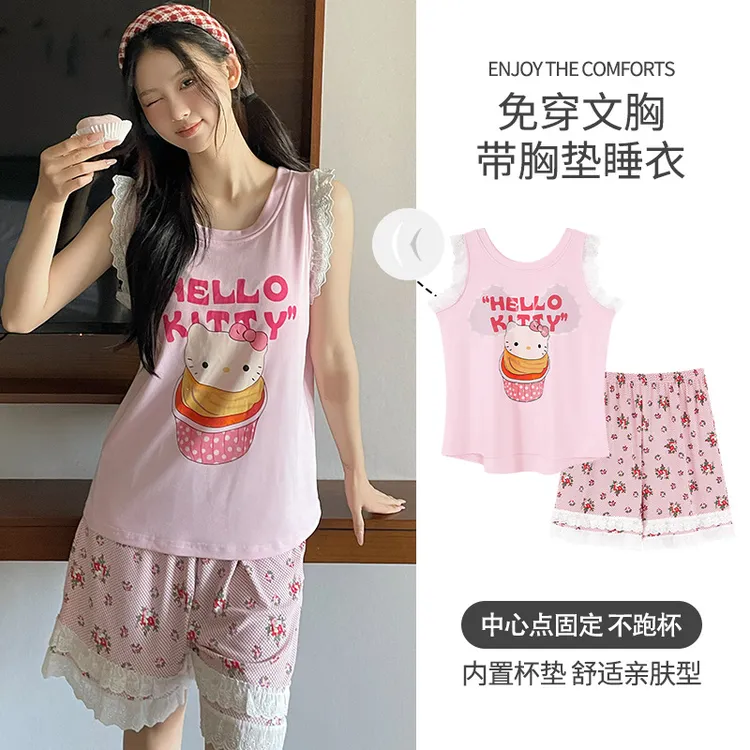 【专柜品质】INS花边猫咪可爱印花短裤家居服套装圆领背心睡衣套装