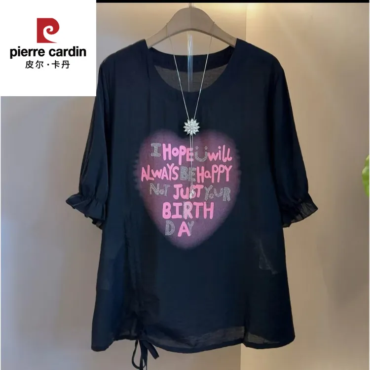 皮尔卡丹大码女装2025夏季新款字母短袖T恤女显瘦胖妹妹胖mm抽绳
