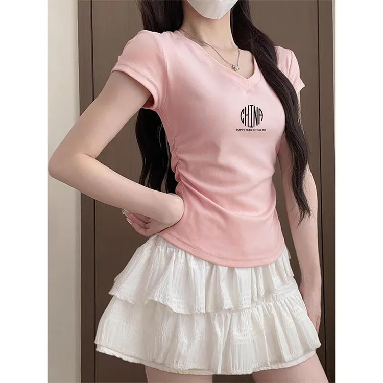 女装潮牌侧边收腰正肩V领短袖t恤优质棉可外穿时尚显瘦气质百搭夏