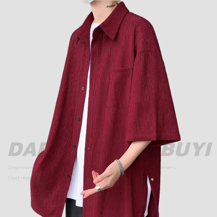 订婚男装正肩酒红色短袖衬衫冰丝男夏季薄款垂坠感开叉衬衣七分袖