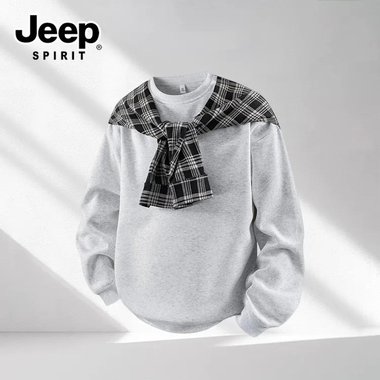 JEEPSPIRIT秋季新款美式格纹披肩卫衣男士潮流假两件拼接百搭上衣