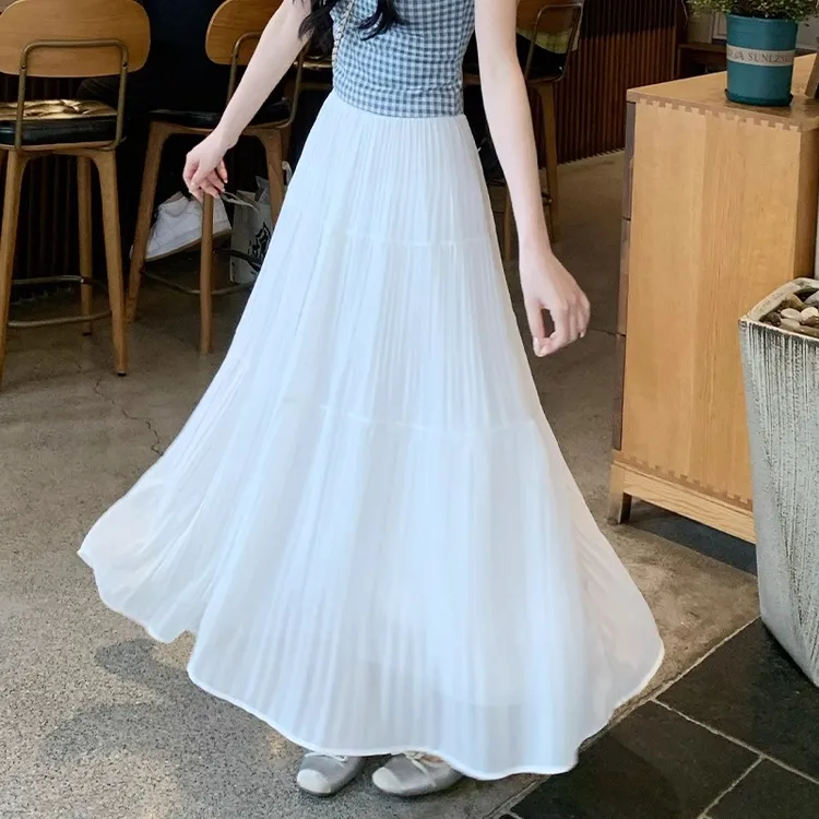 白色半身裙女夏季2025年新款显瘦大摆裙百褶皱a字伞裙蛋糕中长裙