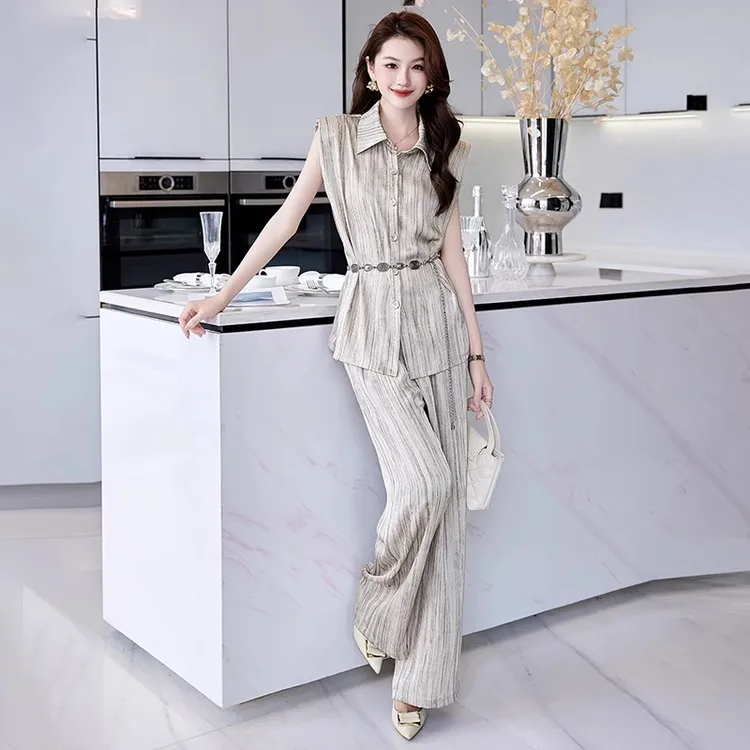 休闲时尚套装女2025夏季新款职业装气质收腰无袖上衣阔腿裤两件套