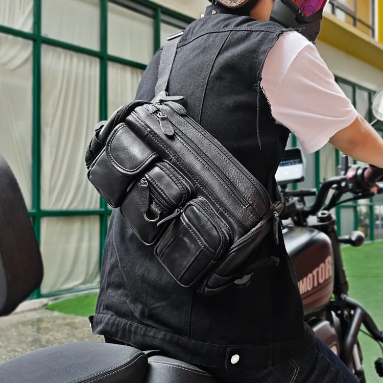 植鞣牛皮大容量男士胸包多口袋机能骑行包真皮斜挎包通勤潮流腰包