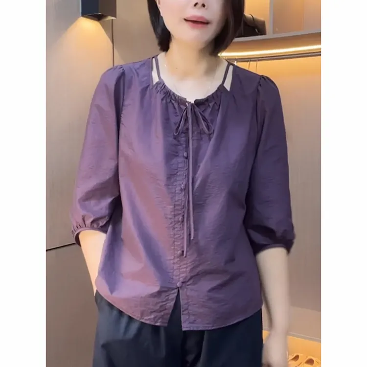 紫色衬衫女2025早秋新款时尚洋气减龄宽松休闲显瘦设计感系带上衣