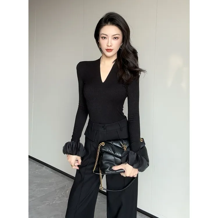 JIJINQI气质秋冬v领短款设计感长袖针织 JC11SZPT676