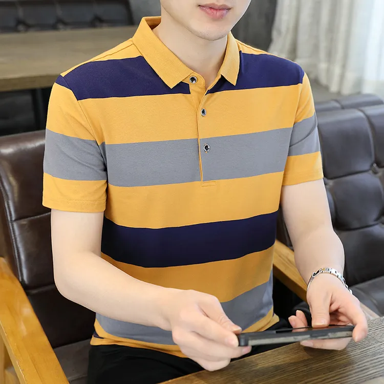 夏季新款优质男士条纹短袖T恤棉质薄款商务翻领polo衫男款2323