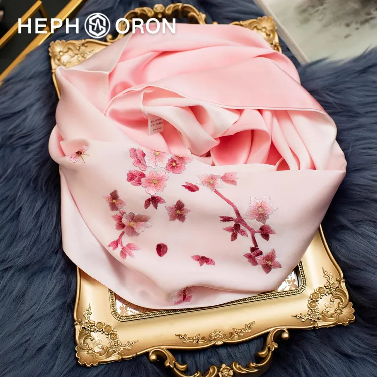 HEPHSORON苏绣丝巾礼盒送妈妈粉色刺绣旗袍披肩桑蚕丝真丝围巾