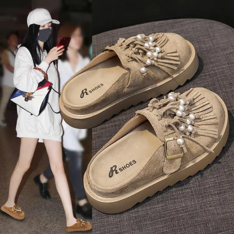 网红大头珍珠包头半拖鞋女2025新款外穿懒人休闲勃肯单鞋厚底春夏