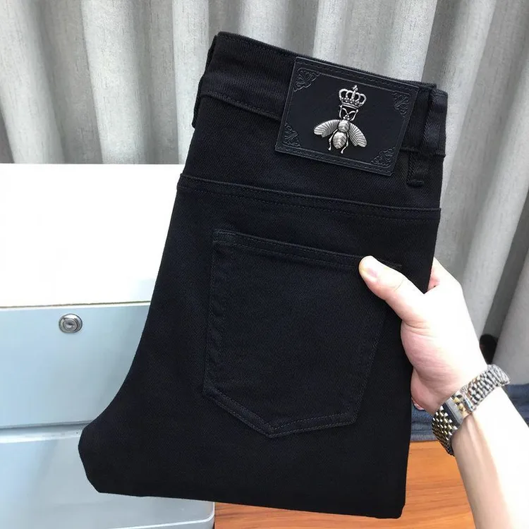 高端潮牌轻奢厚款牛仔裤男黑色修身直筒弹力潮流休闲百搭长裤子