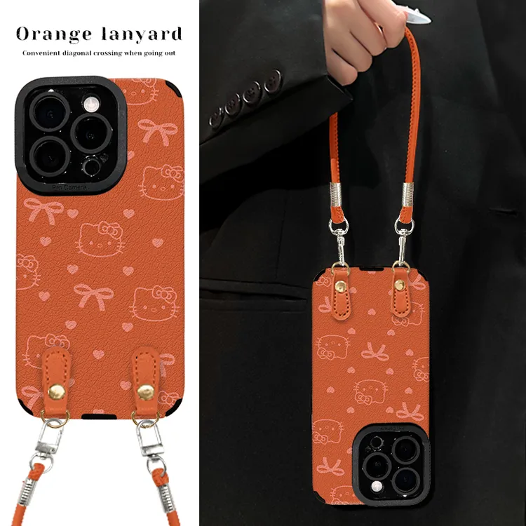 橙底KT蝴蝶结适用苹果17华为vivooppo小米iPhone16瞳眼羊皮手机壳