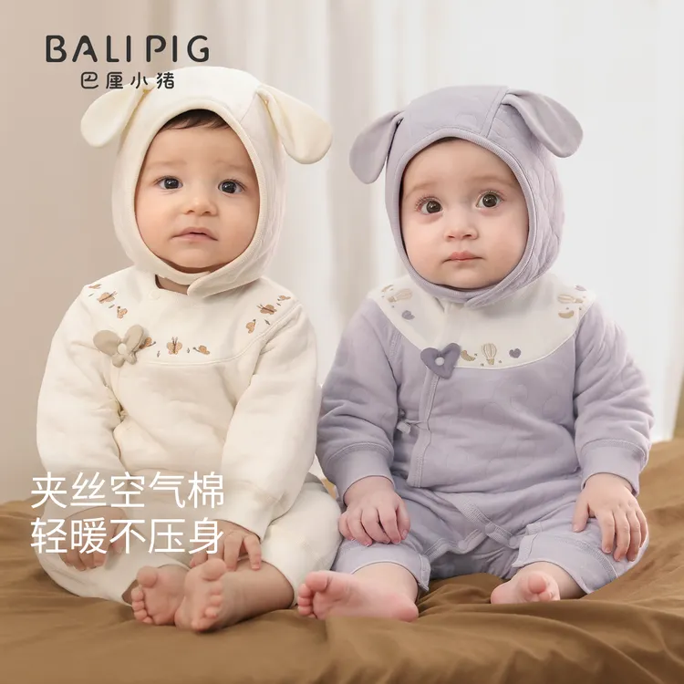 新生婴儿衣服秋冬季保暖加厚哈衣初生儿夹丝绑带和尚服宝宝连体衣