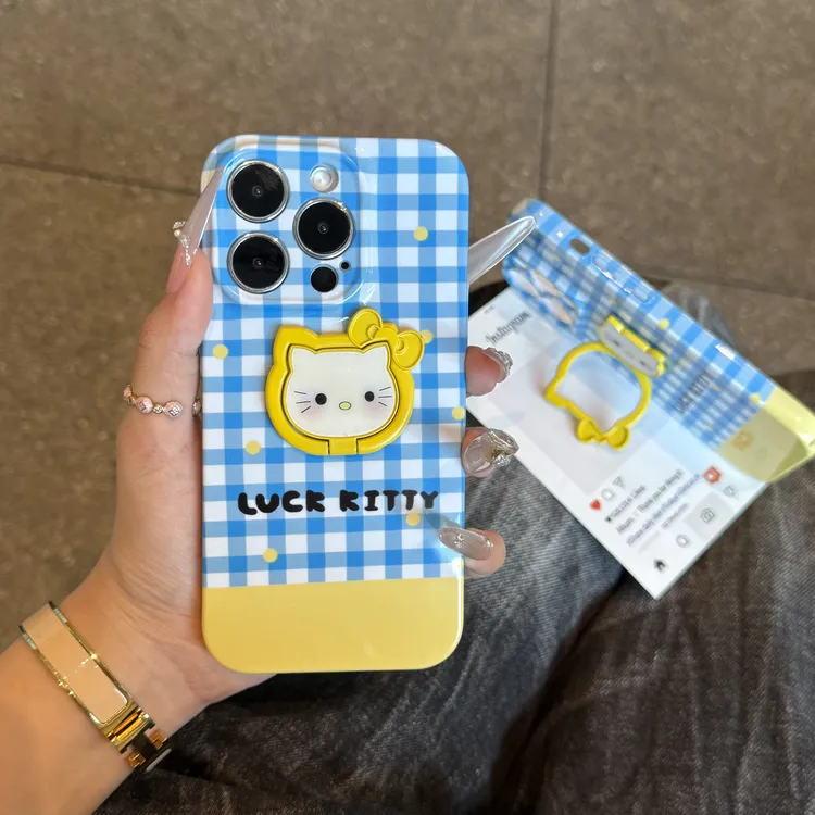 奥菲顿蓝白格KT指环支架适用iPhone16菲林手机壳华为vivo小米oppo