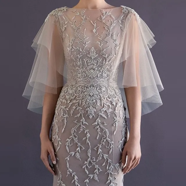 时尚双层软网白色蕾丝新娘婚纱礼服披肩外套摄影遮肉遮手臂女红色