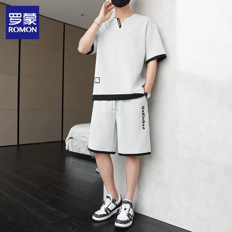 罗蒙休闲运动套装男士2025夏季新款潮流时尚短袖搭配短裤两件套男