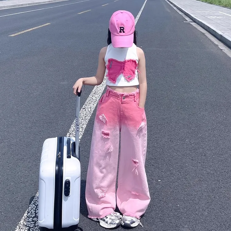 女童破洞渐变牛仔裤夏季2025新款中大童薄款网红时尚宽松高腰裤潮