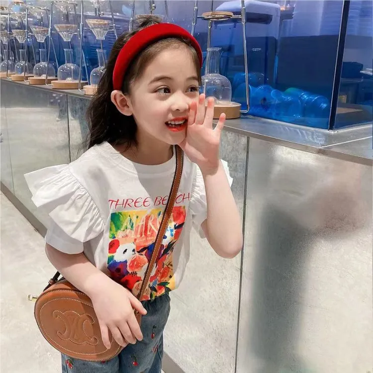 小童2025飞碟泡泡袖T洋气时髦夏公主风短袖印花上衣女大童儿童T恤