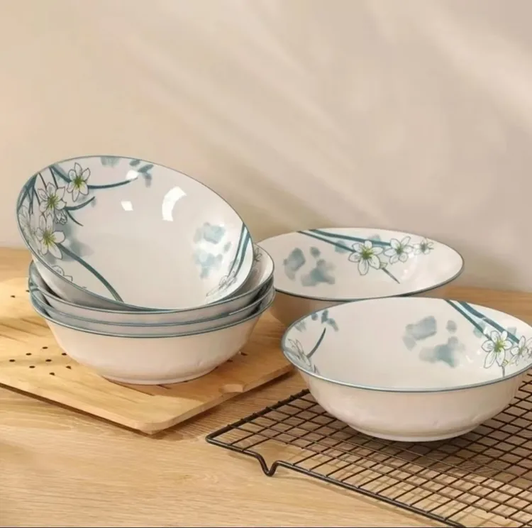 水仙花7英寸面碗6只装陶瓷手绘家用