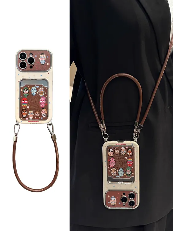 彩色星星哭娃插卡包皮纹适用苹果17promax手机壳iPhone16斜挎15女