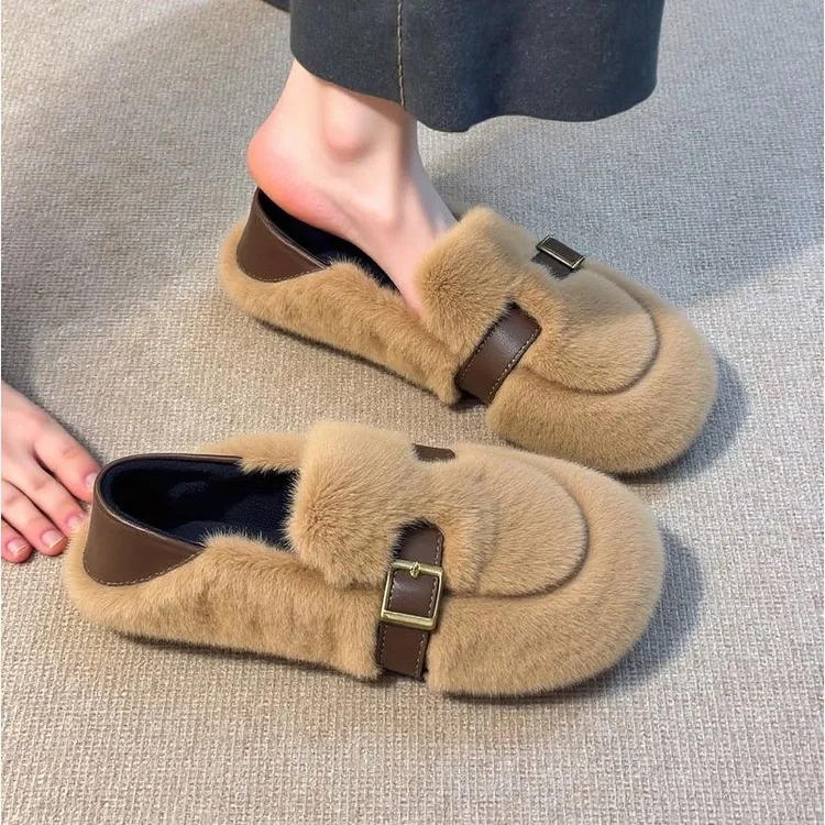 冬季时尚休闲小众皮带扣百搭圆头秋冬豆豆鞋鞋子女鞋平底韩版