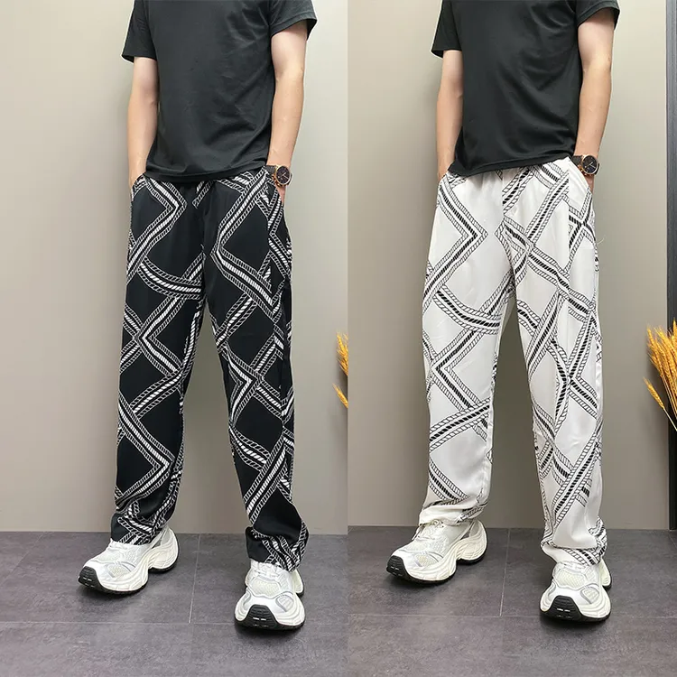 新款潮牌花色直筒休闲裤男士夏季超薄垂感冰丝裤子宽松运动阔腿裤